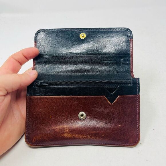 La Bella Zippered Wallet Snap Button Brown Black Genuine Leather One Size - Picture 5 of 7